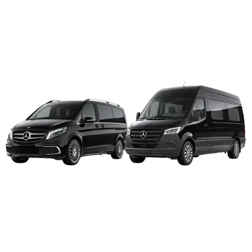 Black Mercedes van and Mercedes minibus shown side by side