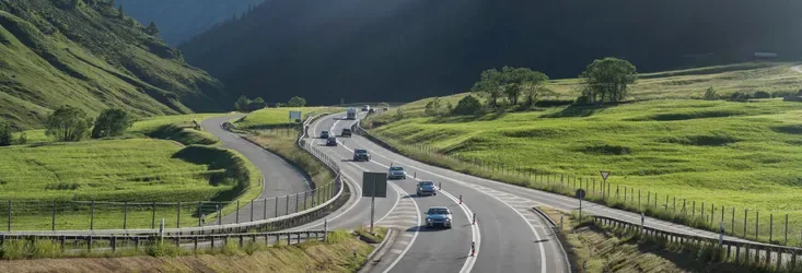 Road and traffic amidst alpine pastures